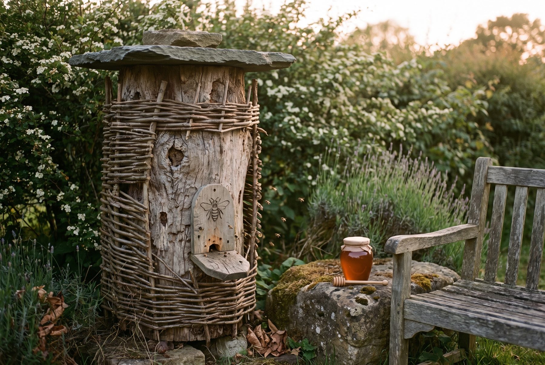 A log hive inside a woven willow tower
