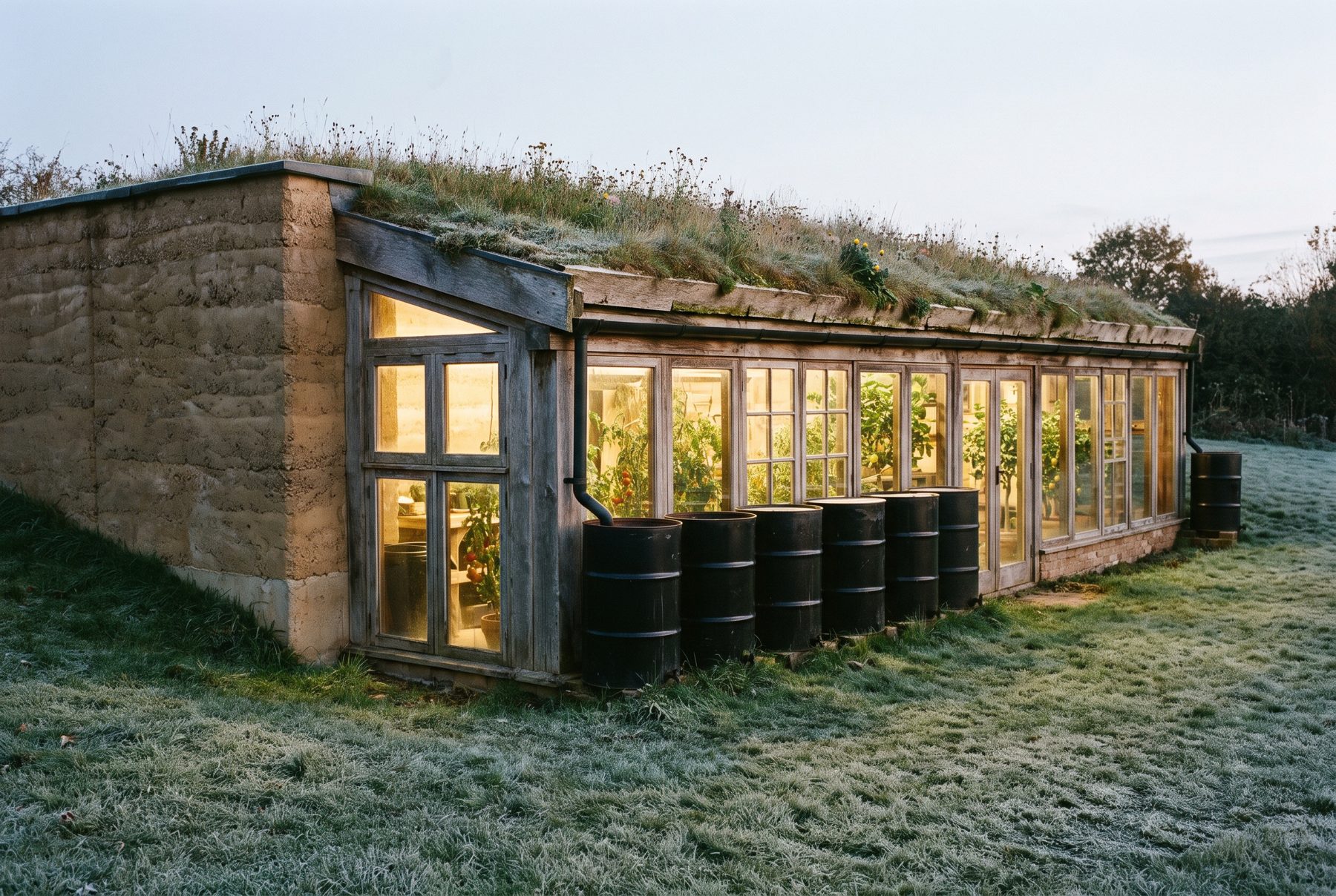 A sunken greenhouse with a turf roof and salvaged glass, lit from inside at dusk