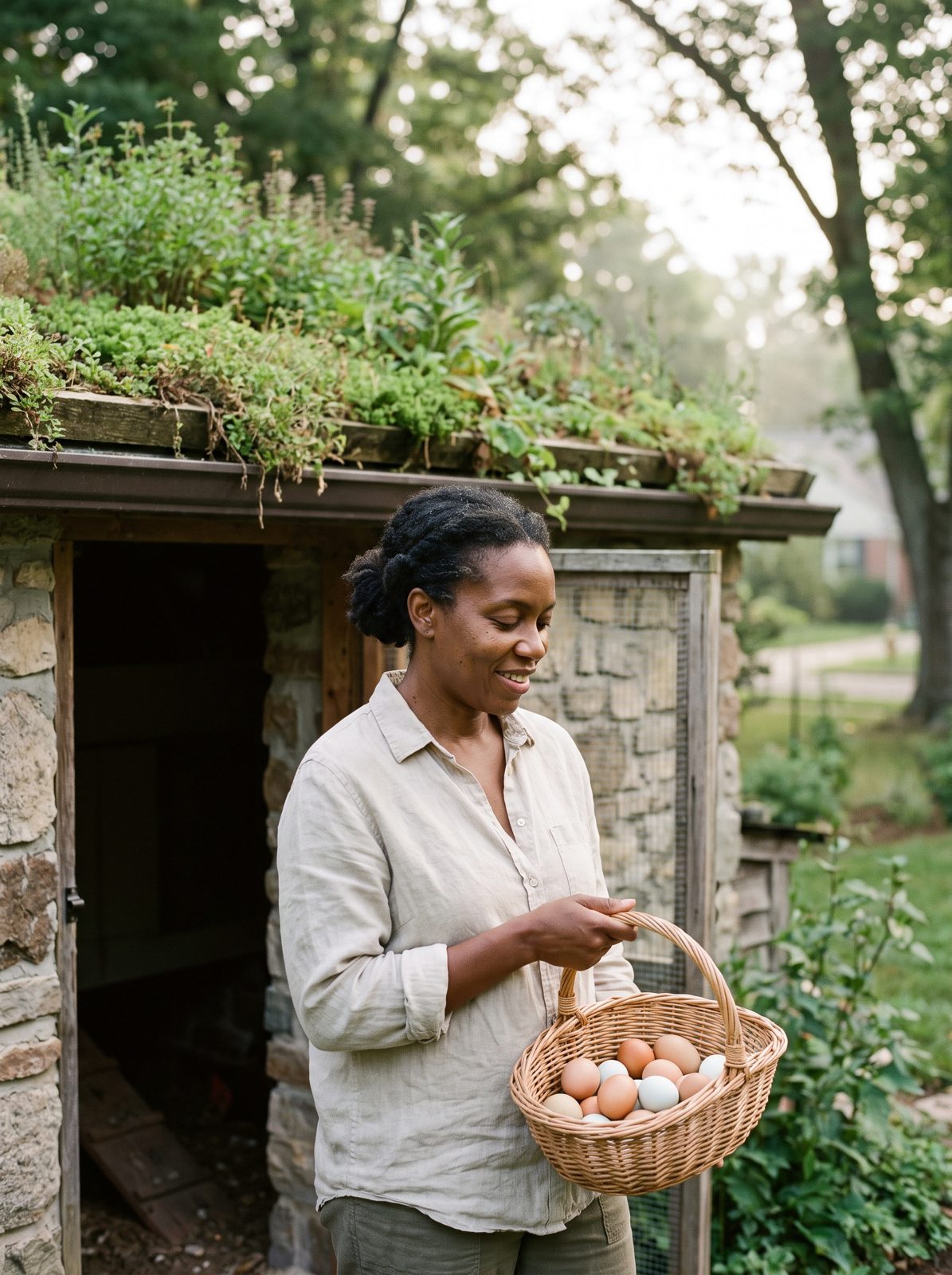 A woman holding a basket of fresh eggs at a stone-walled coop